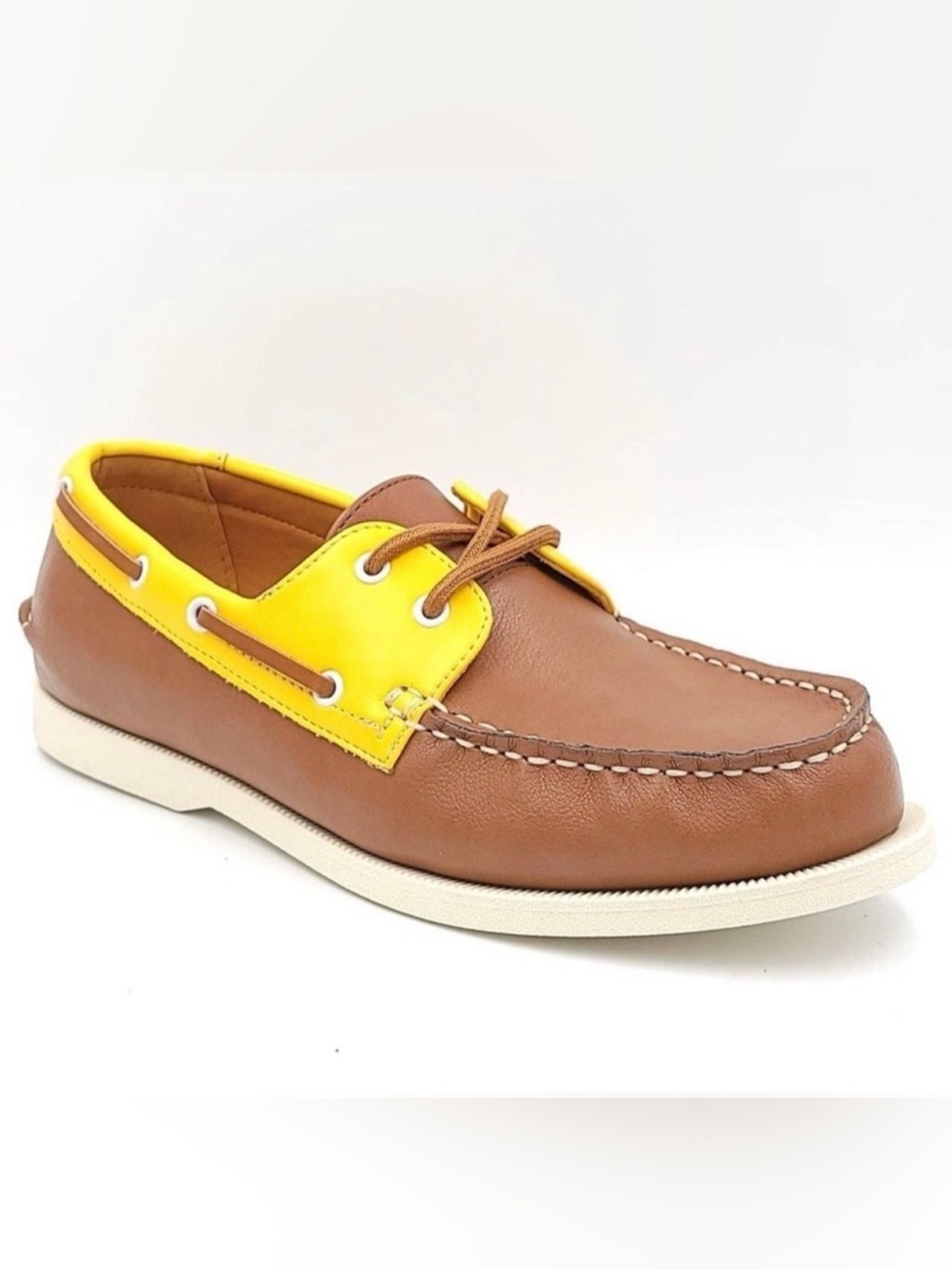 Club Room Elliot Brown Leather Boat Shoe with Yellow Trim